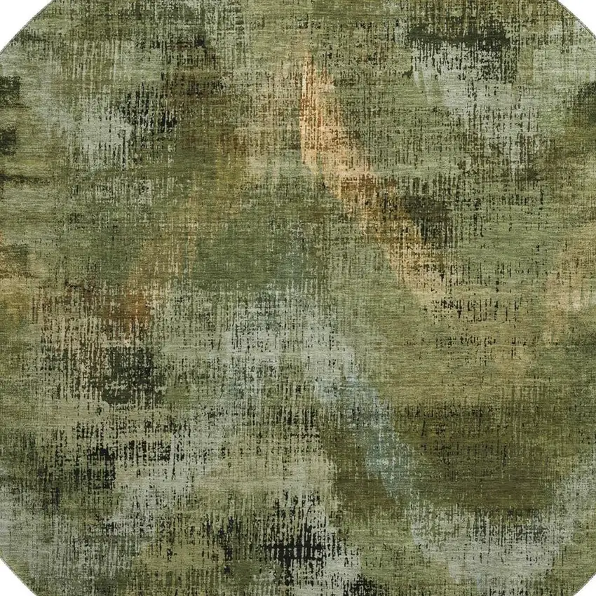 8' Olive Green Gold And Charcoal Abstract Washable Round Rug With UV Protection Photo 3