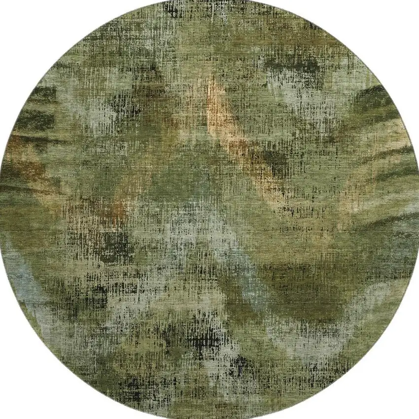 8' Olive Green Gold And Charcoal Abstract Washable Round Rug With UV Protection Photo 4