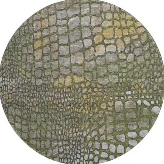8' Olive Green Gold And Gray Abstract Geometric Washable Round Rug With UV Protection Photo 2