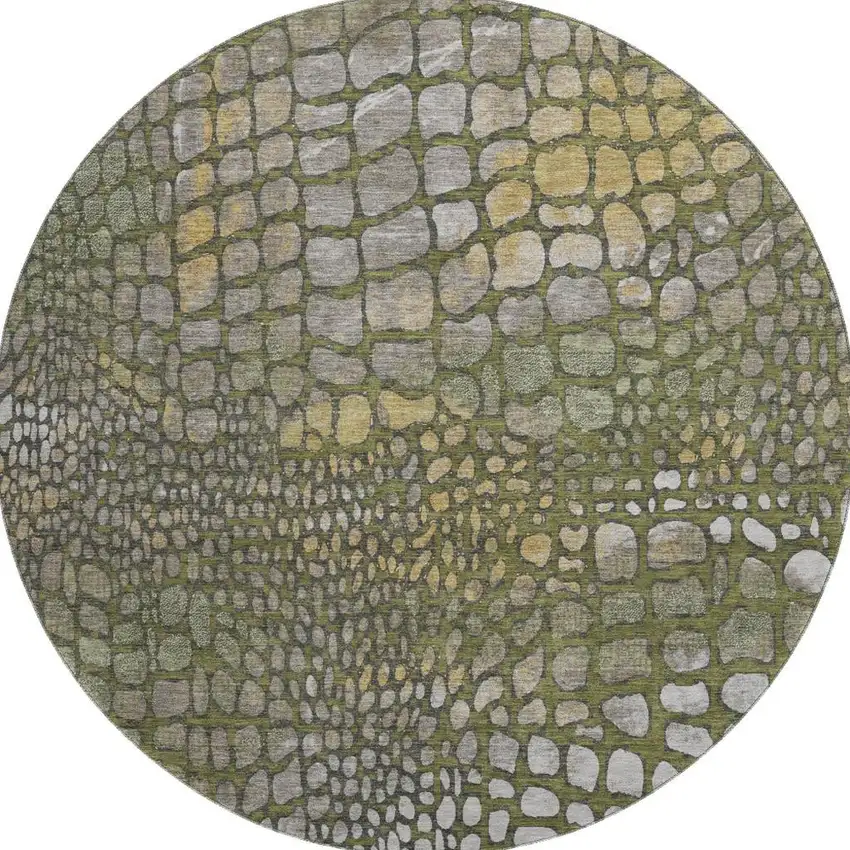 8' Olive Green Gold And Gray Abstract Geometric Washable Round Rug With UV Protection Photo 2