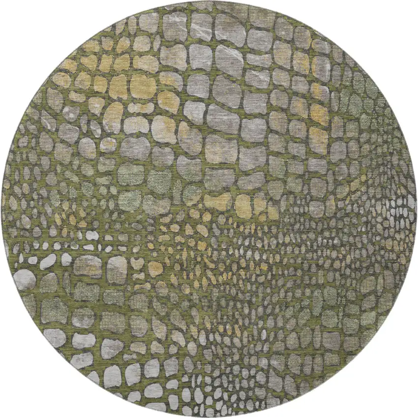 8' Olive Green Gold And Gray Abstract Geometric Washable Round Rug With UV Protection Photo 3