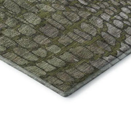 8' Olive Green Gold And Gray Abstract Geometric Washable Round Rug With UV Protection Photo 6