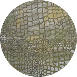 Photo of 8' Olive Green Gold And Gray Abstract Geometric Washable Round Rug With UV Protection