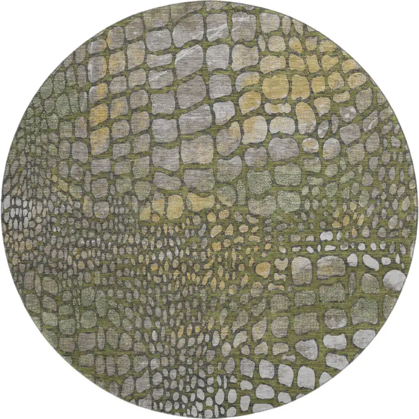 8' Olive Green Gold And Gray Abstract Geometric Washable Round Rug With UV Protection Photo 1