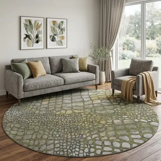 8' Olive Green Gold And Gray Abstract Geometric Washable Round Rug With UV Protection Photo 1