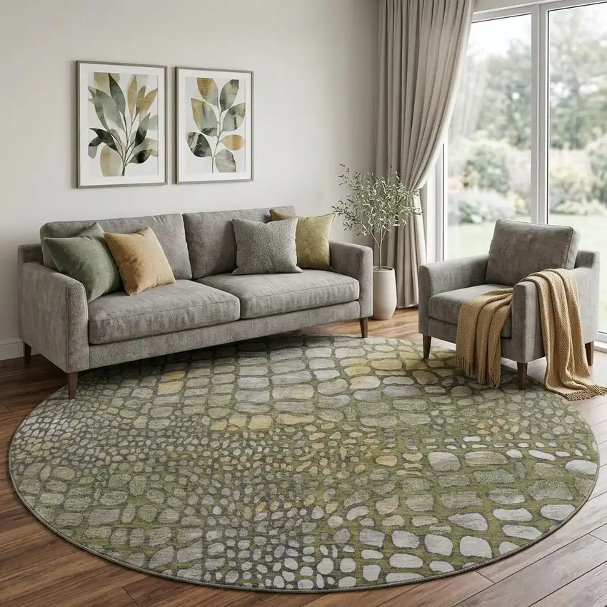 8' Olive Green Gold And Gray Abstract Geometric Washable Round Rug With UV Protection Photo 1
