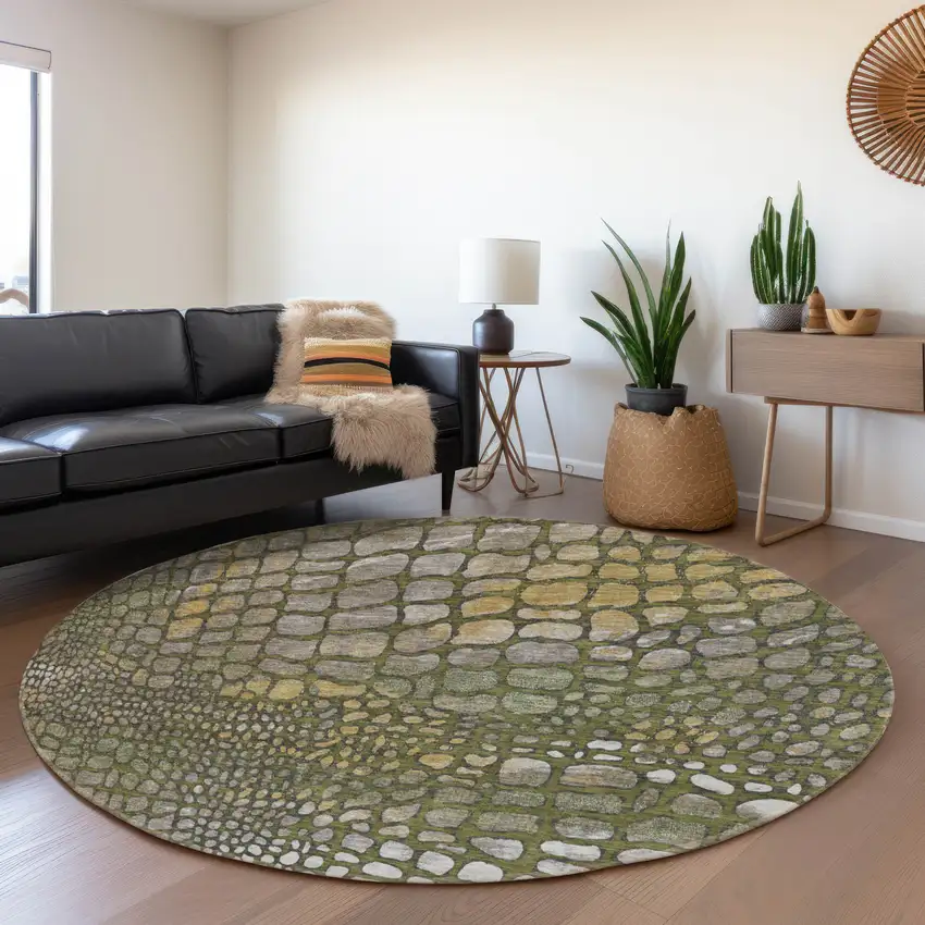 8' Olive Green Gold And Gray Abstract Geometric Washable Round Rug With UV Protection Photo 4