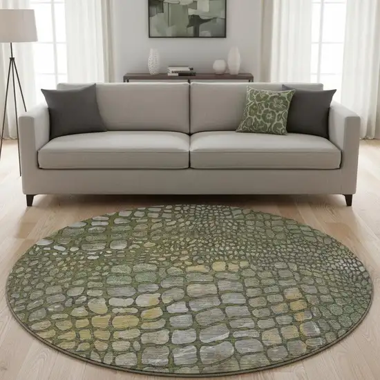 8' Olive Green Gold And Gray Abstract Geometric Washable Round Rug With UV Protection Photo 2