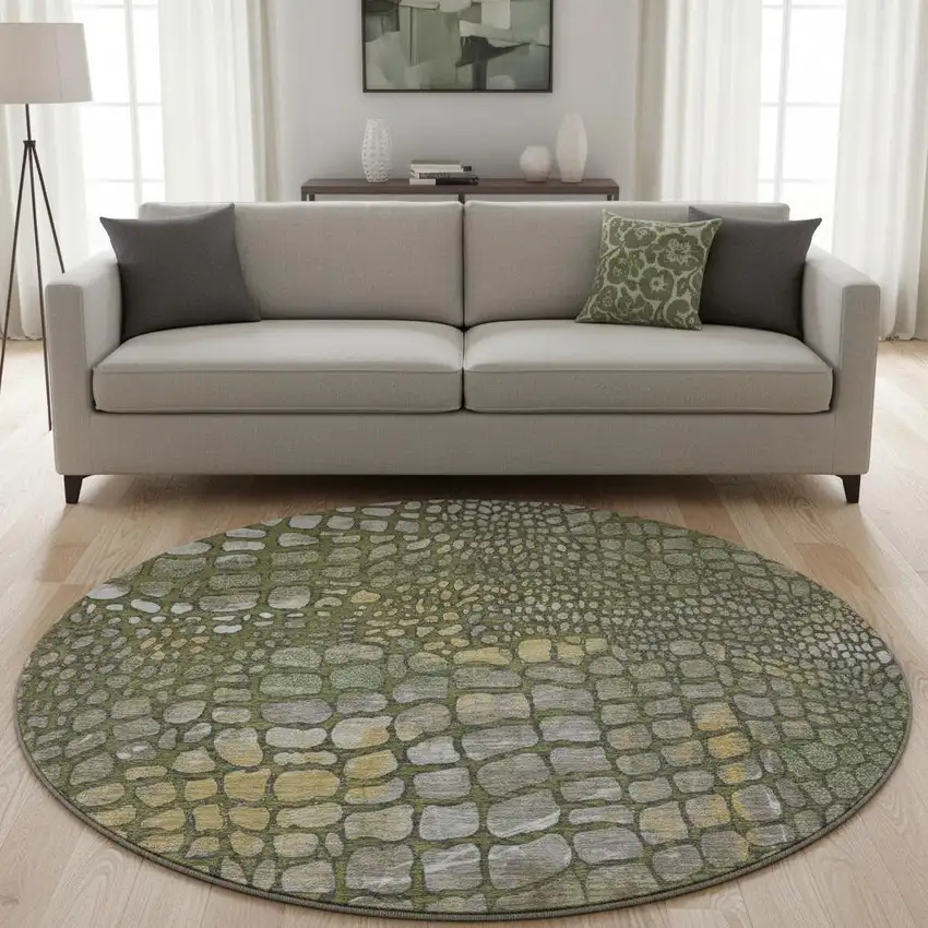 8' Olive Green Gold And Gray Abstract Geometric Washable Round Rug With UV Protection Photo 2