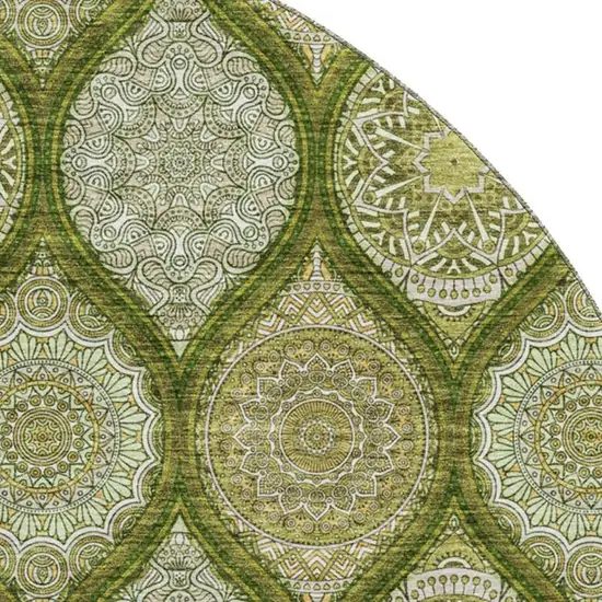 8' Olive Green Gold And Ivory Ogee Washable Round Rug With UV Protection Photo 2