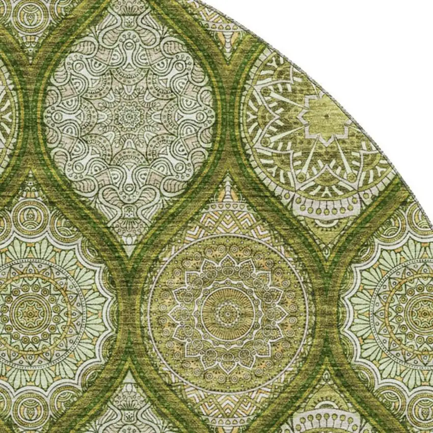 8' Olive Green Gold And Ivory Ogee Washable Round Rug With UV Protection Photo 2