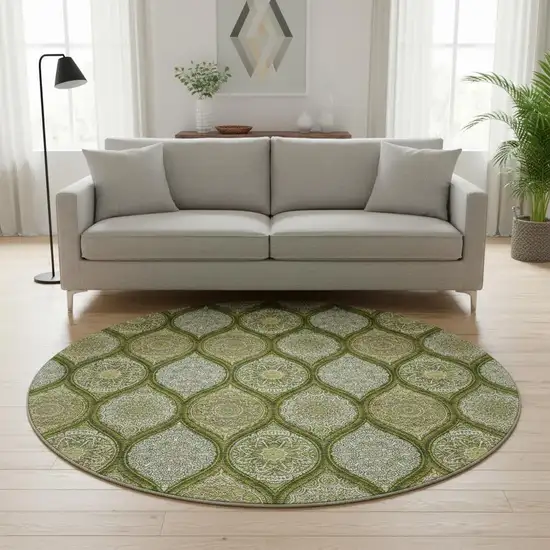 8' Olive Green Gold And Ivory Ogee Washable Round Rug With UV Protection Photo 2