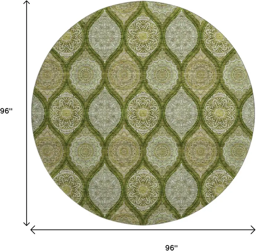 8' Olive Green Gold And Ivory Ogee Washable Round Rug With UV Protection Photo 9