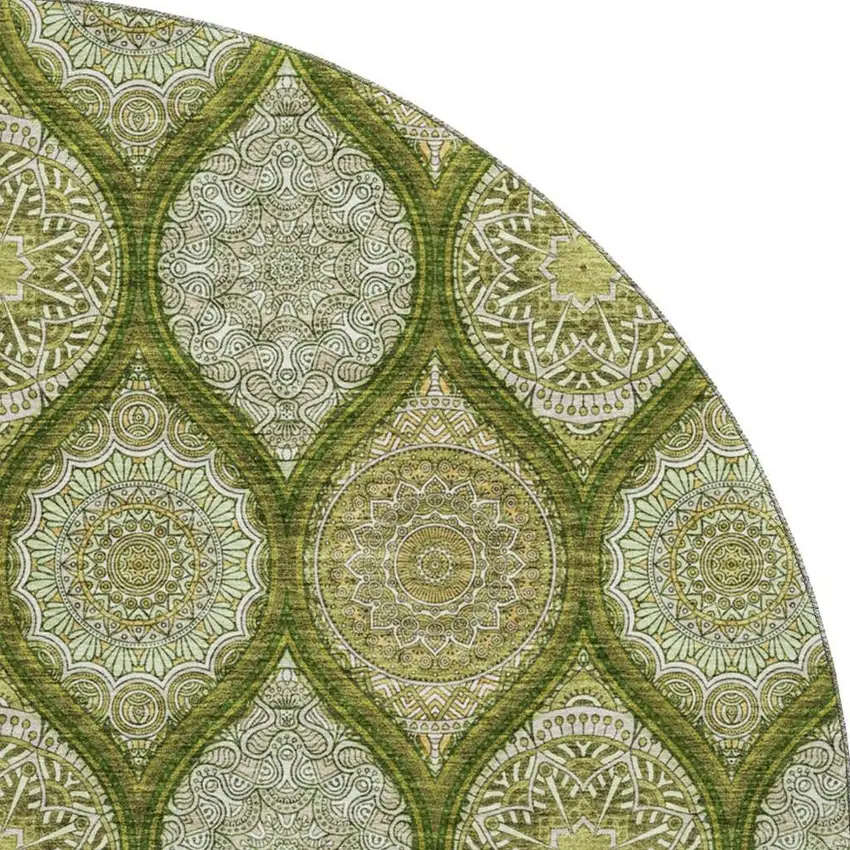 8' Olive Green Gold And Ivory Ogee Washable Round Rug With UV Protection Photo 3