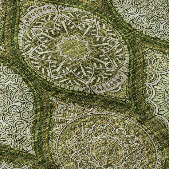 8' Olive Green Gold And Ivory Ogee Washable Round Rug With UV Protection Photo 8