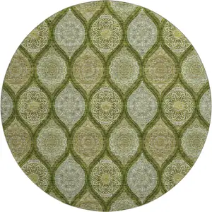Photo of 8' Olive Green Gold And Ivory Ogee Washable Round Rug With UV Protection