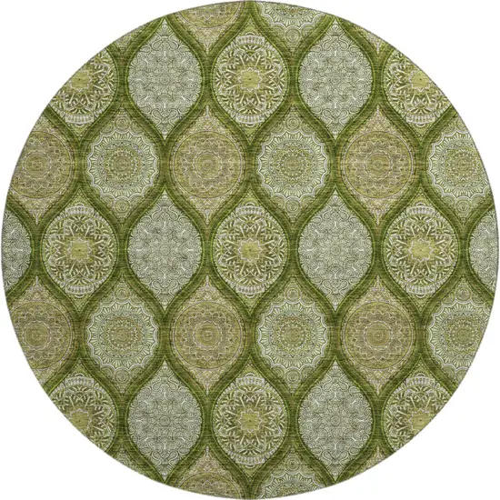 8' Olive Green Gold And Ivory Ogee Washable Round Rug With UV Protection Photo 1