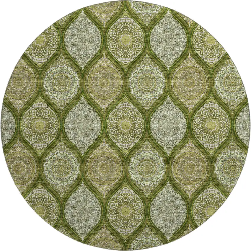 8' Olive Green Gold And Ivory Ogee Washable Round Rug With UV Protection Photo 1