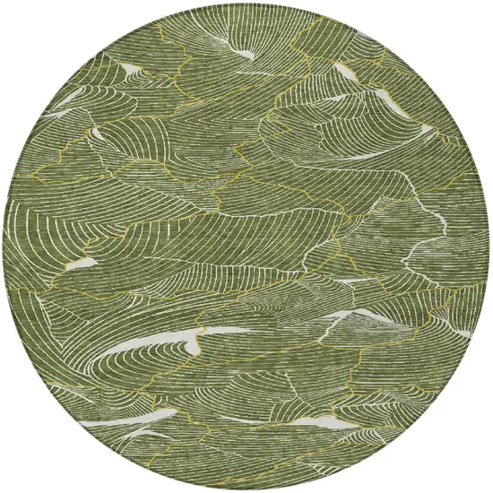 8' Olive Green Gold And Ivory Round Abstract Washable Indoor Outdoor Area Rug Photo 7