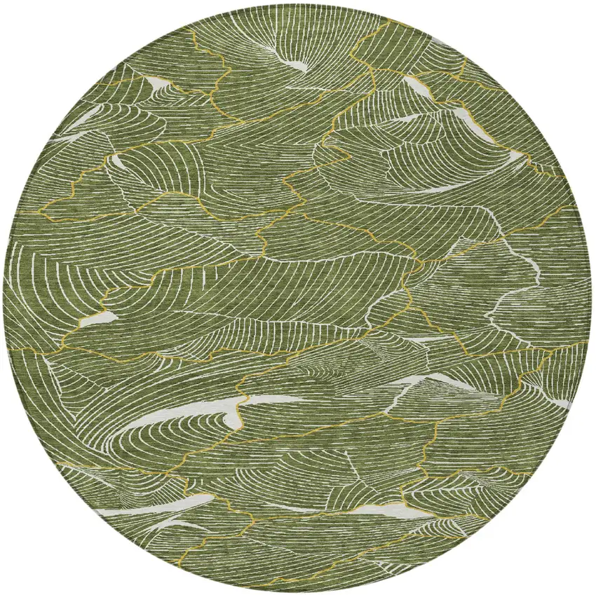 8' Olive Green Gold And Ivory Round Abstract Washable Indoor Outdoor Area Rug Photo 7