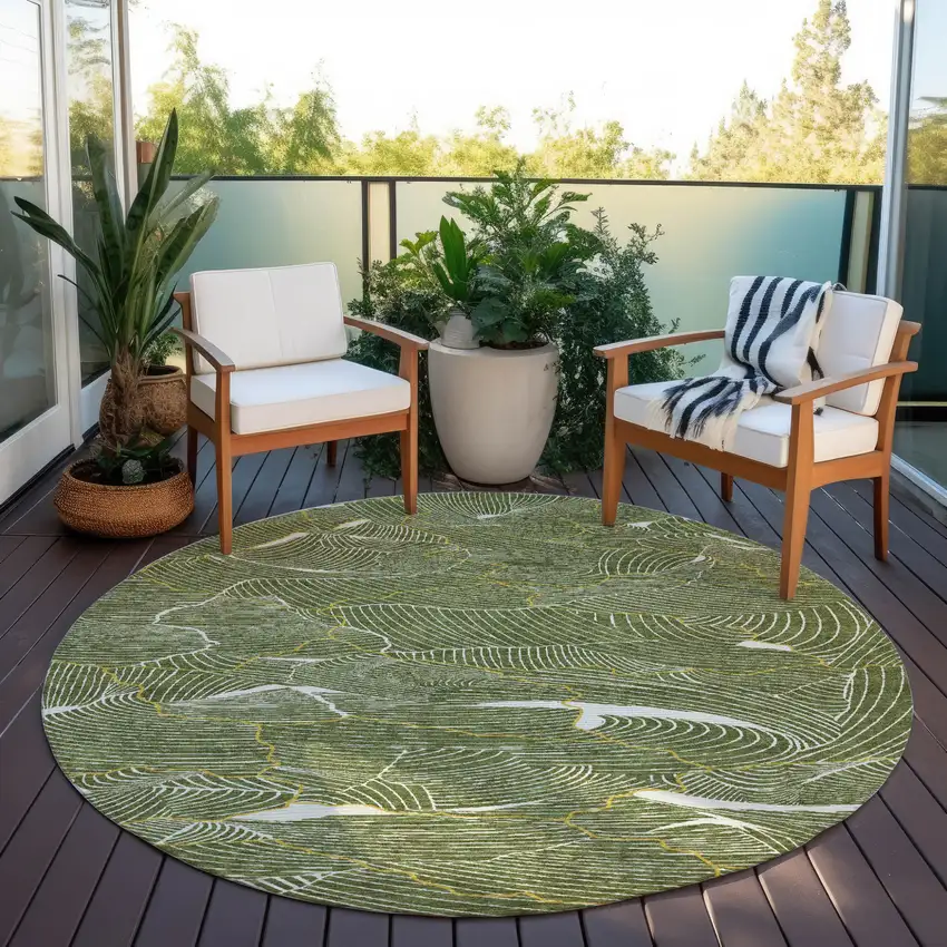 8' Olive Green Gold And Ivory Round Abstract Washable Indoor Outdoor Area Rug Photo 8