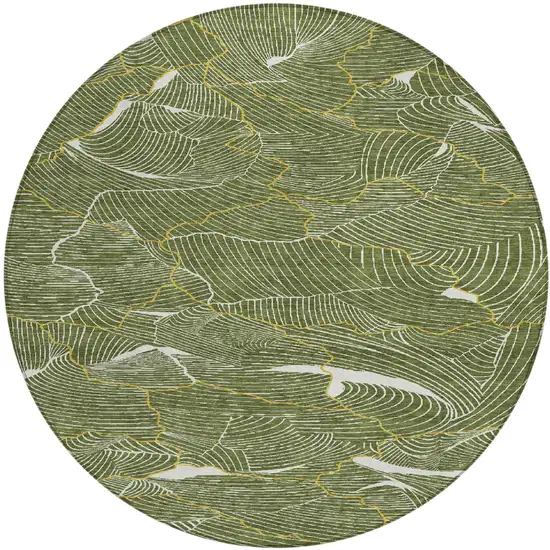 8' Olive Green Gold And Ivory Round Abstract Washable Indoor Outdoor Area Rug Photo 2