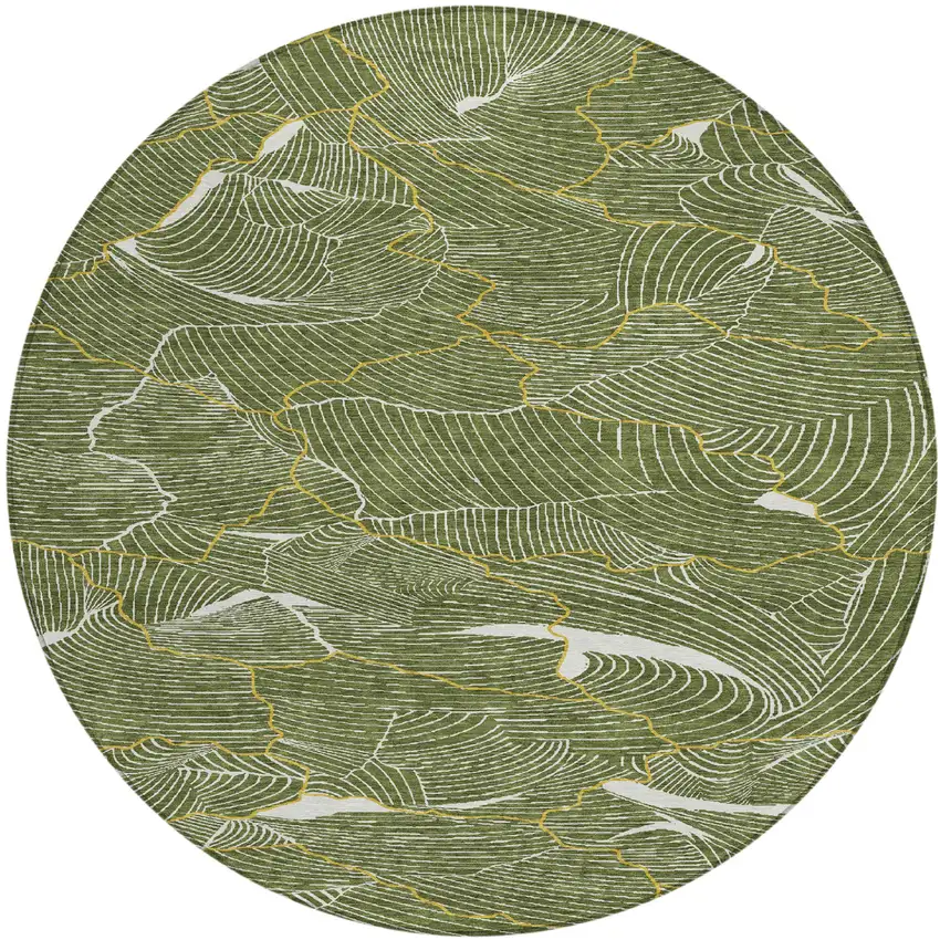 8' Olive Green Gold And Ivory Round Abstract Washable Indoor Outdoor Area Rug Photo 2