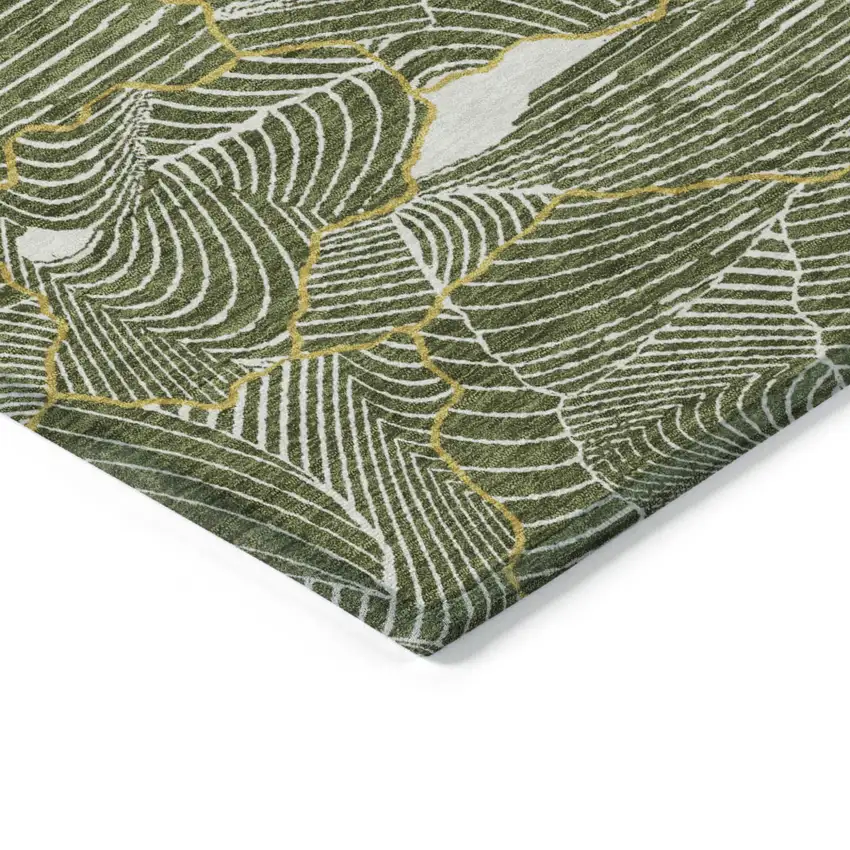 8' Olive Green Gold And Ivory Round Abstract Washable Indoor Outdoor Area Rug Photo 3