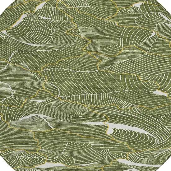 8' Olive Green Gold And Ivory Round Abstract Washable Indoor Outdoor Area Rug Photo 6