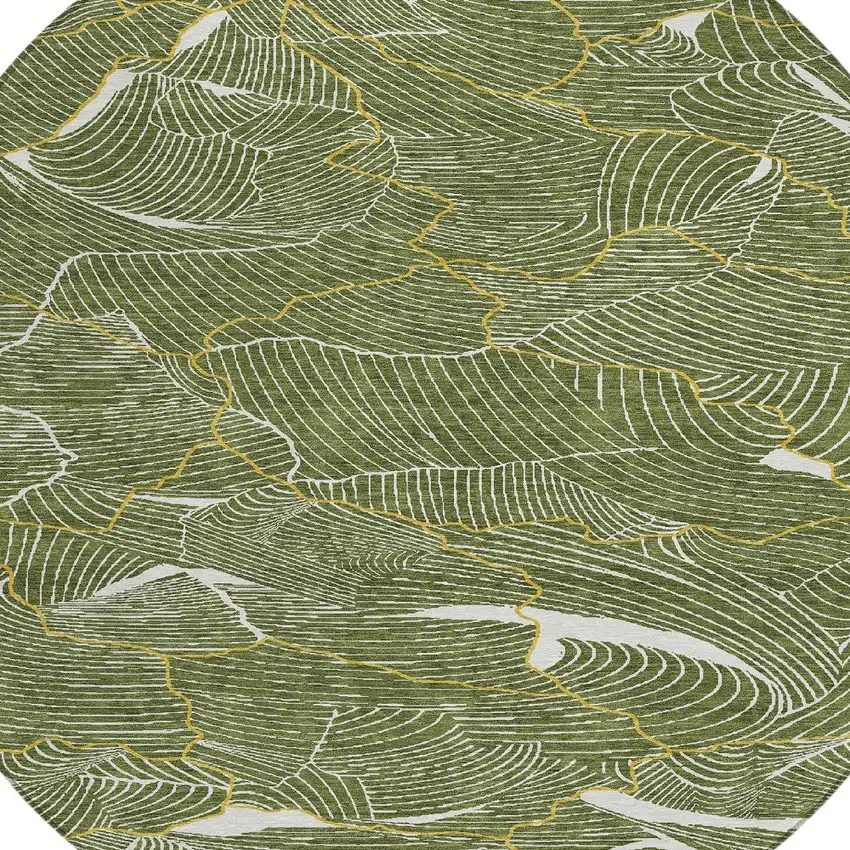 8' Olive Green Gold And Ivory Round Abstract Washable Indoor Outdoor Area Rug Photo 6