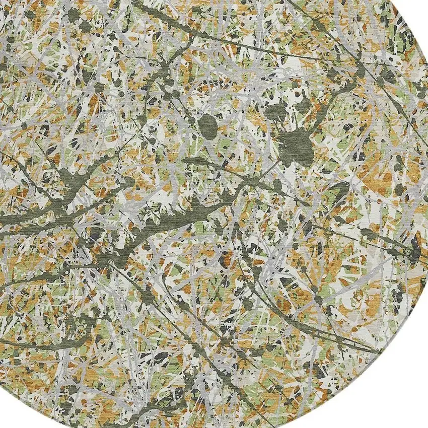 8' Olive Green Gold And Ivory Round Abstract Washable Indoor Outdoor Area Rug Photo 2