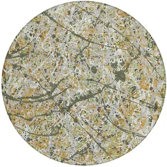 8' Olive Green Gold And Ivory Round Abstract Washable Indoor Outdoor Area Rug Photo 3