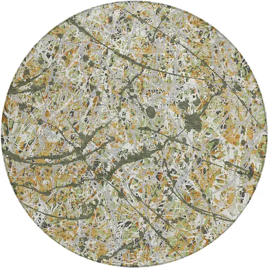 8' Olive Green Gold And Ivory Round Abstract Washable Indoor Outdoor Area Rug Photo 1