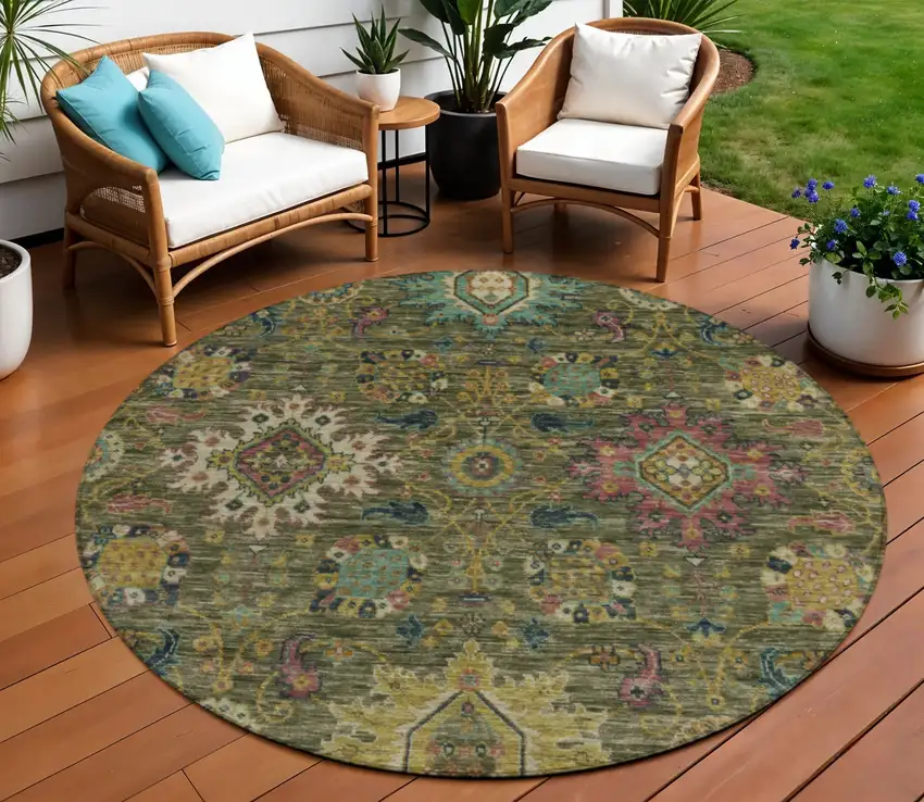 8' Olive Green Gold And Teal Blue Round Medallion Washable Indoor Outdoor Area Rug Photo 2