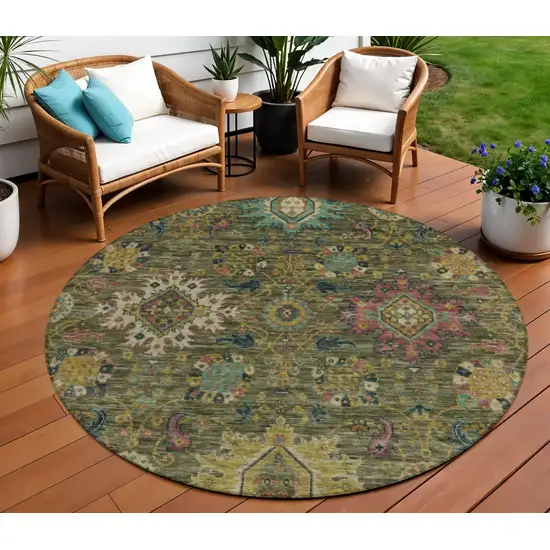 8' Olive Green Gold And Teal Blue Round Medallion Washable Indoor Outdoor Area Rug Photo 2