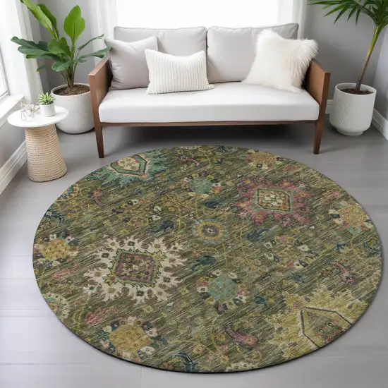 8' Olive Green Gold And Teal Blue Round Medallion Washable Indoor Outdoor Area Rug Photo 8
