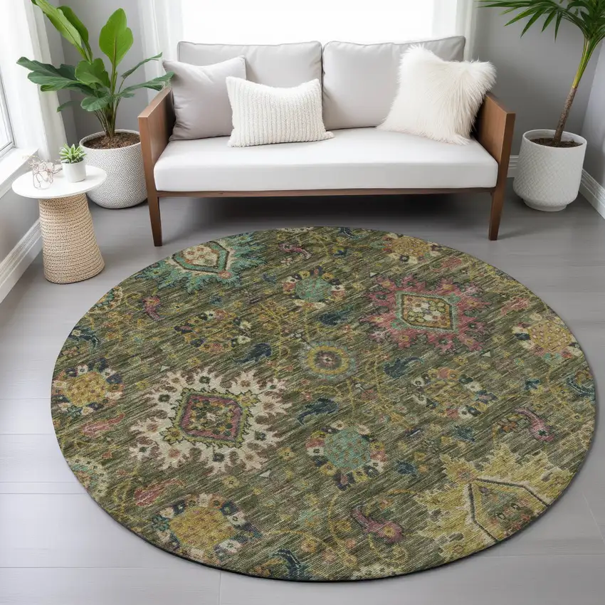 8' Olive Green Gold And Teal Blue Round Medallion Washable Indoor Outdoor Area Rug Photo 8