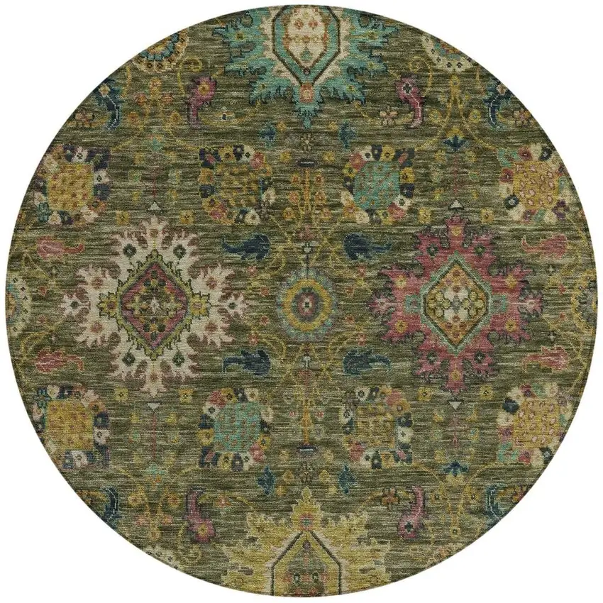 8' Olive Green Gold And Teal Blue Round Medallion Washable Indoor Outdoor Area Rug Photo 3