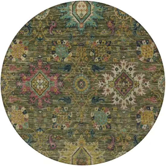 8' Olive Green Gold And Teal Blue Round Medallion Washable Indoor Outdoor Area Rug Photo 4