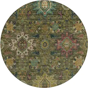 Photo of 8' Olive Green Gold And Teal Blue Round Medallion Washable Indoor Outdoor Area Rug