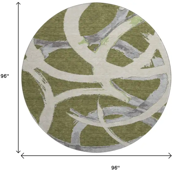 8' Olive Green Gray And Beige Abstract Washable Round Rug With UV Protection Photo 9