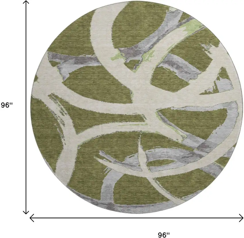 8' Olive Green Gray And Beige Abstract Washable Round Rug With UV Protection Photo 9