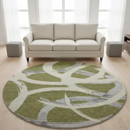 8' Olive Green Gray And Beige Abstract Washable Round Rug With UV Protection Photo 2
