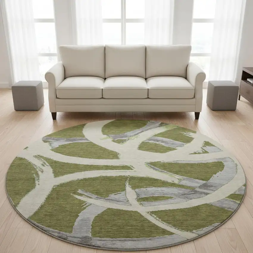 8' Olive Green Gray And Beige Abstract Washable Round Rug With UV Protection Photo 2