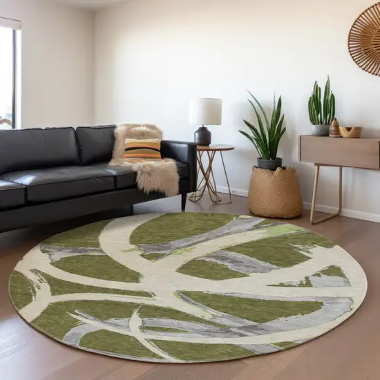 8' Olive Green Gray And Beige Abstract Washable Round Rug With UV Protection Photo 4