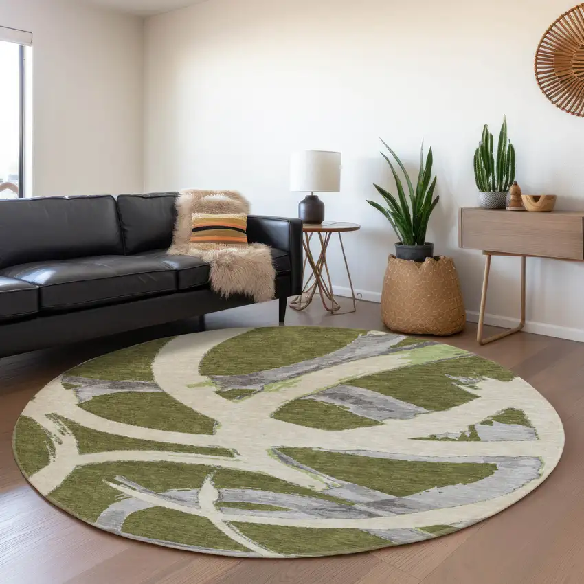 8' Olive Green Gray And Beige Abstract Washable Round Rug With UV Protection Photo 4