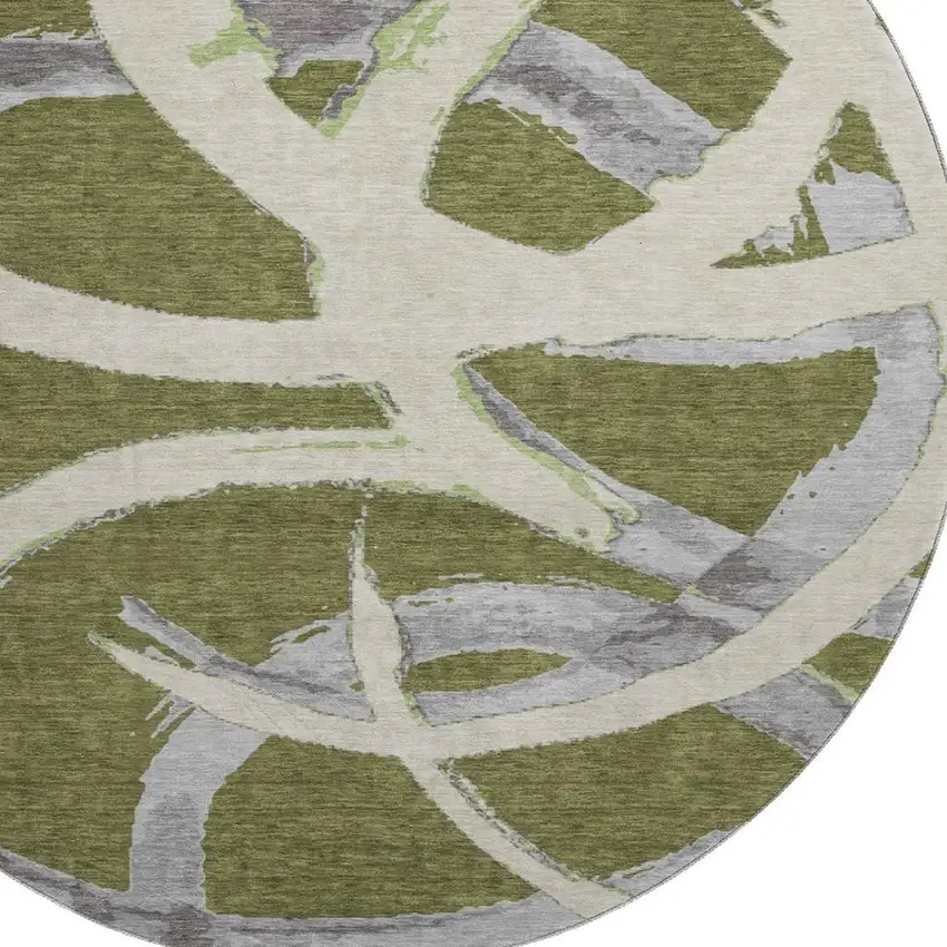 8' Olive Green Gray And Beige Abstract Washable Round Rug With UV Protection Photo 2