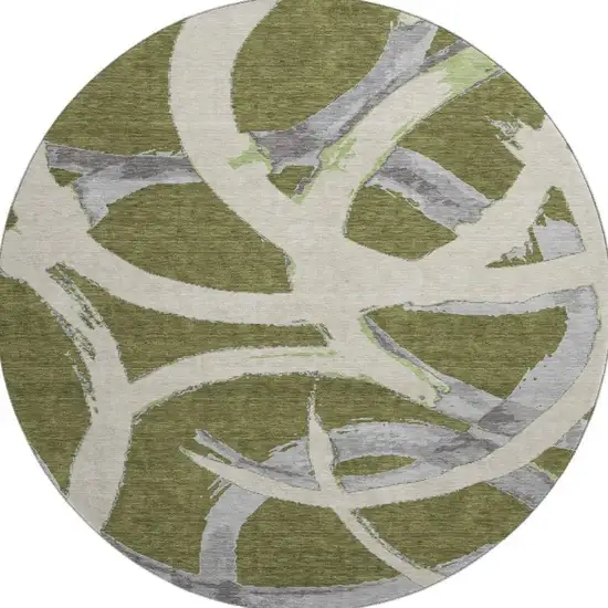 8' Olive Green Gray And Beige Abstract Washable Round Rug With UV Protection Photo 3
