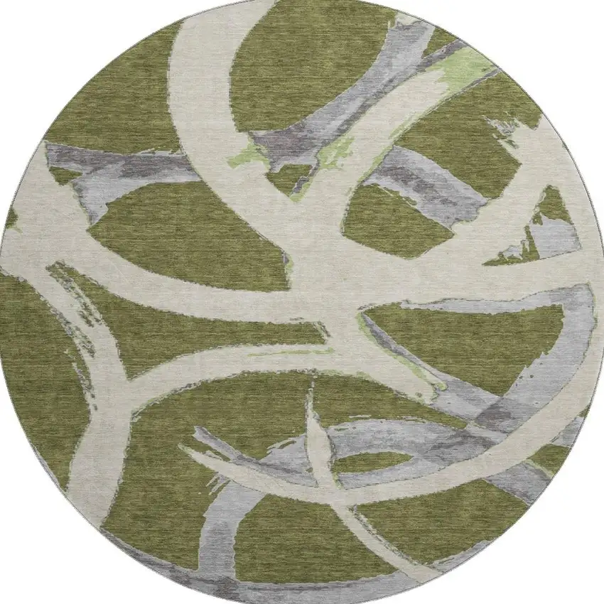 8' Olive Green Gray And Beige Abstract Washable Round Rug With UV Protection Photo 3