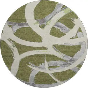 Photo of 8' Olive Green Gray And Beige Abstract Washable Round Rug With UV Protection